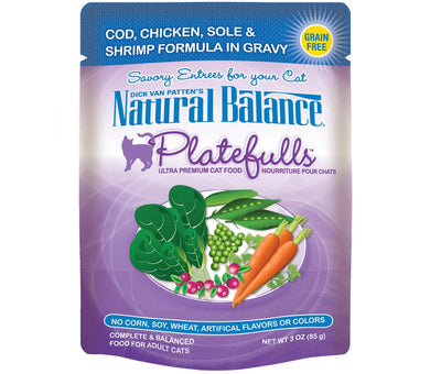Natural Balance Platefulls Wet Cat Food - Cod, Chicken, Sole & Shrimp in Gravy, 3 oz each, Case of 24