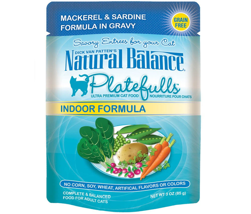 Natural Balance Pet Foods Platefulls Indoor Mackerel and Sardine Formula in Gravy Cat Wet Food 3 oz 24 Pack
