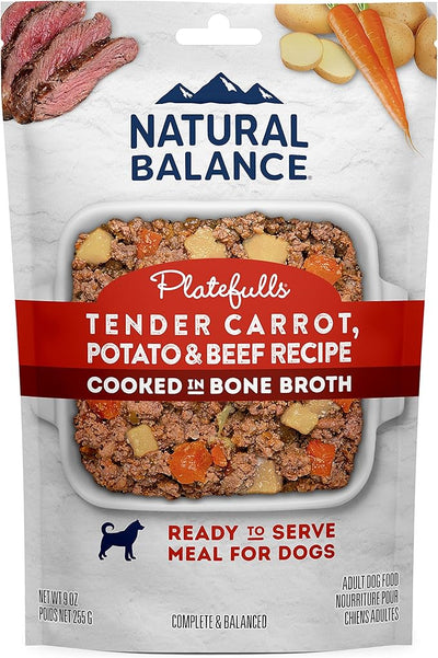 White pouch of Natural Balance wet dog food with a red label, showing a beef and vegetable recipe.