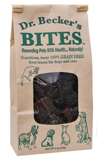 Dr. Becker's Beef Bites Freeze-Dried USDA Beef Liver Dog Treats 5oz in a natural brown bag with pet illustrations