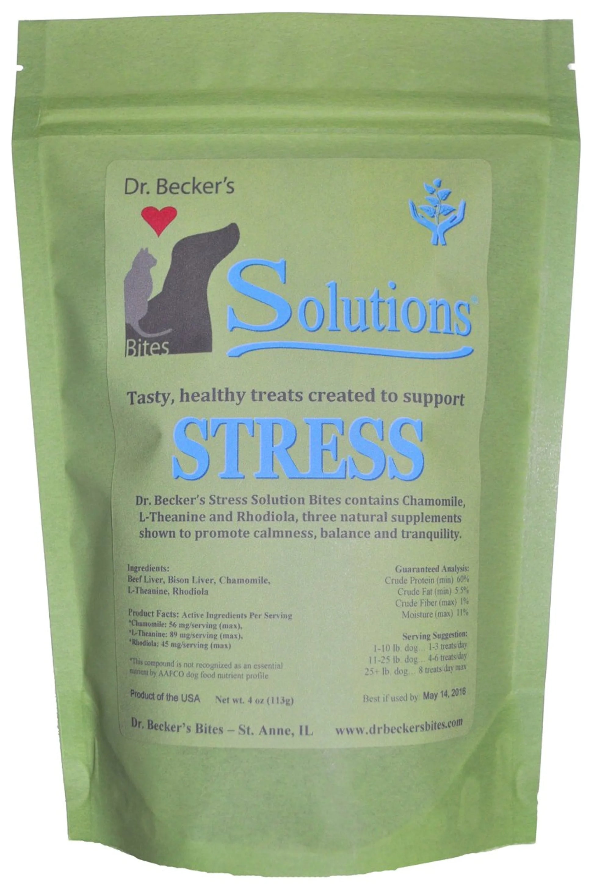 Green package of Solutions Bites (6 Different Options Available) dog treats with stress relief ingredients and calming support.