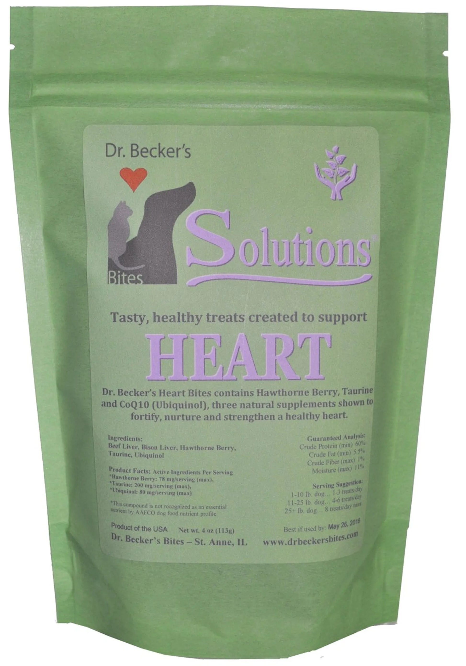 Solutions Bites (6 Different Options Available) green resealable bag of heart health supplement treats for pets by Dr. Becker’s.