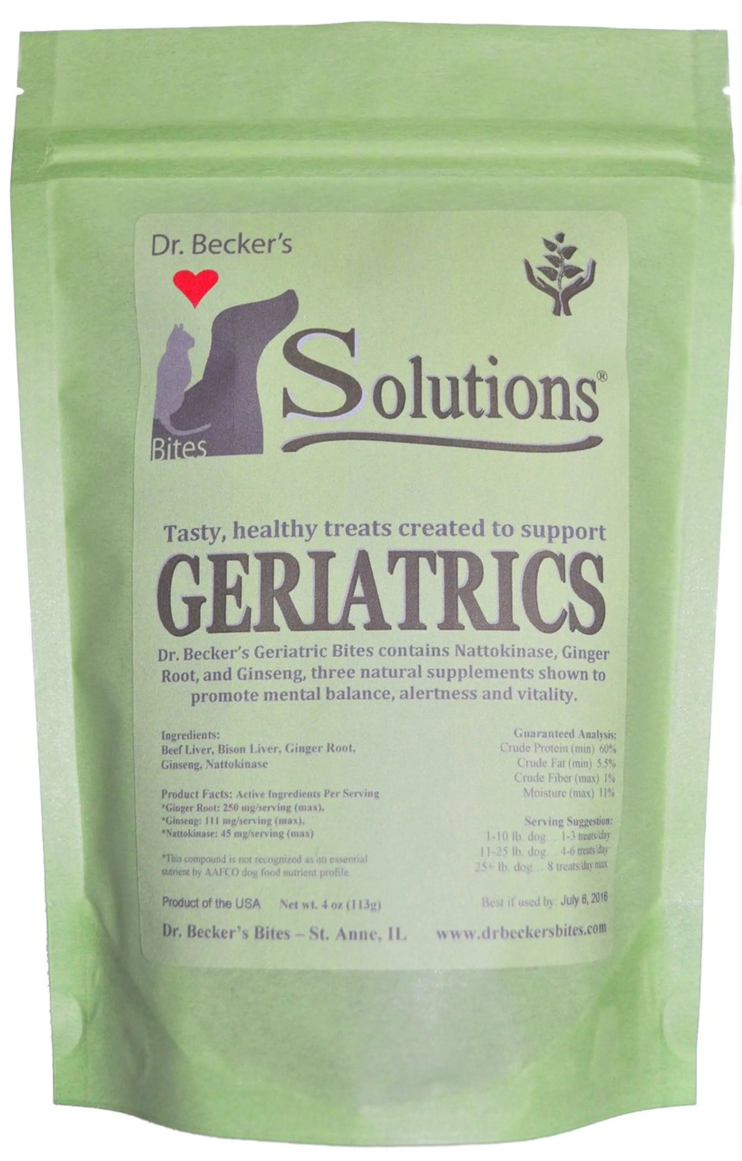 Green package of Solutions Bites (6 Different Options Available) for pets supporting geriatrics with natural supplements.