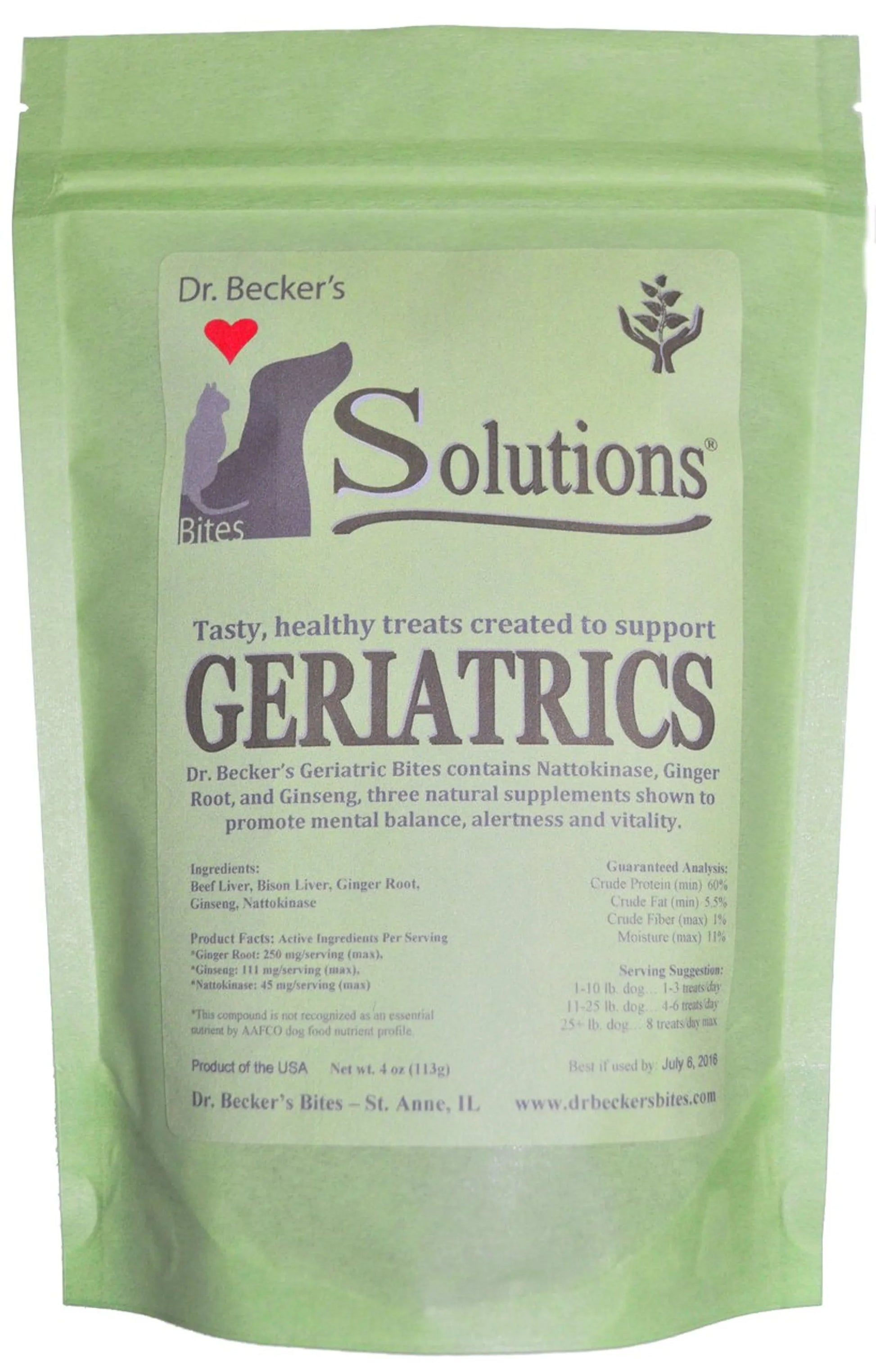 Green package of Solutions Bites (6 Different Options Available) for pets supporting geriatrics with natural supplements.