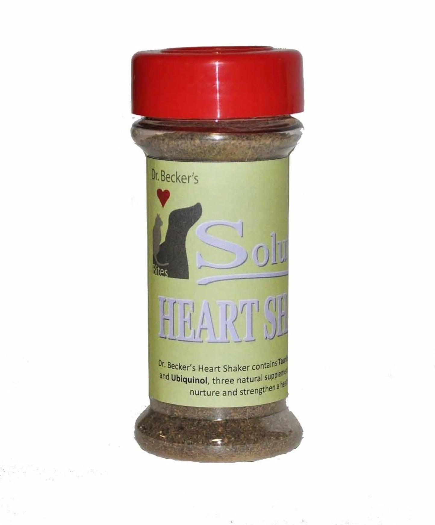 Solutions Shaker (5 Different Options Available) pet supplement in clear bottle with red cap for heart health.