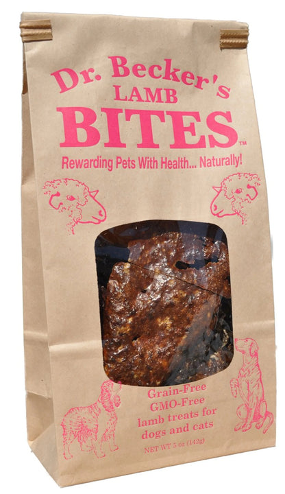 Dr. Becker's LAMB Bites Freeze-Dried Grass-Fed Lamb Dog Treats in resealable bag with lamb and dog illustrations