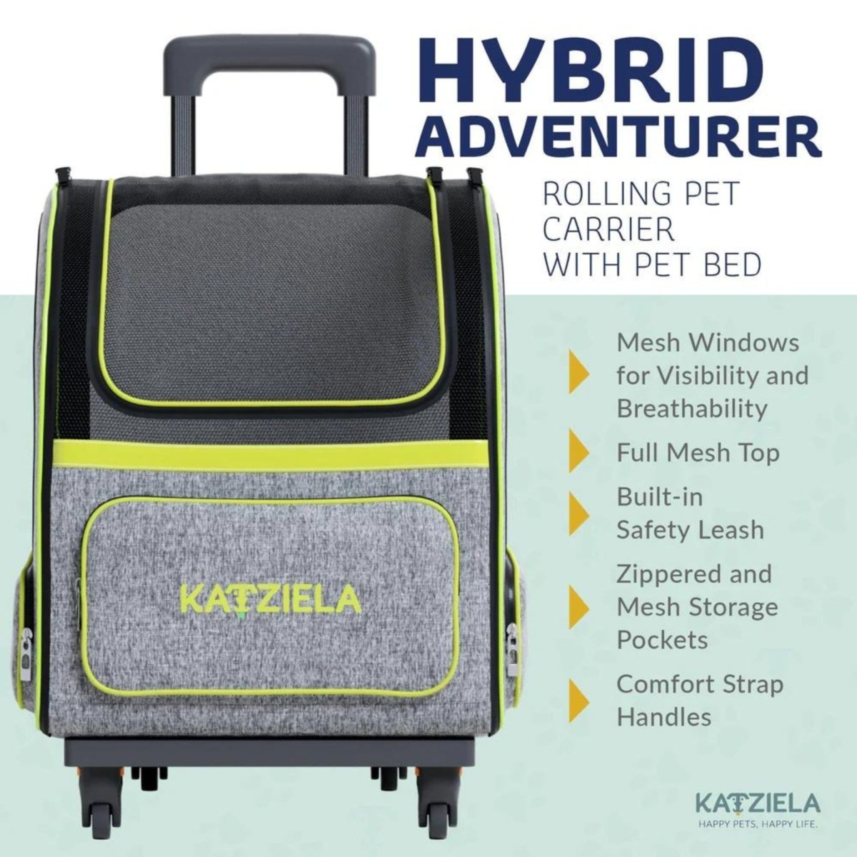 Katziela Hybrid Adventurer Backpack Wheels Gray/Green - Pets Perfect