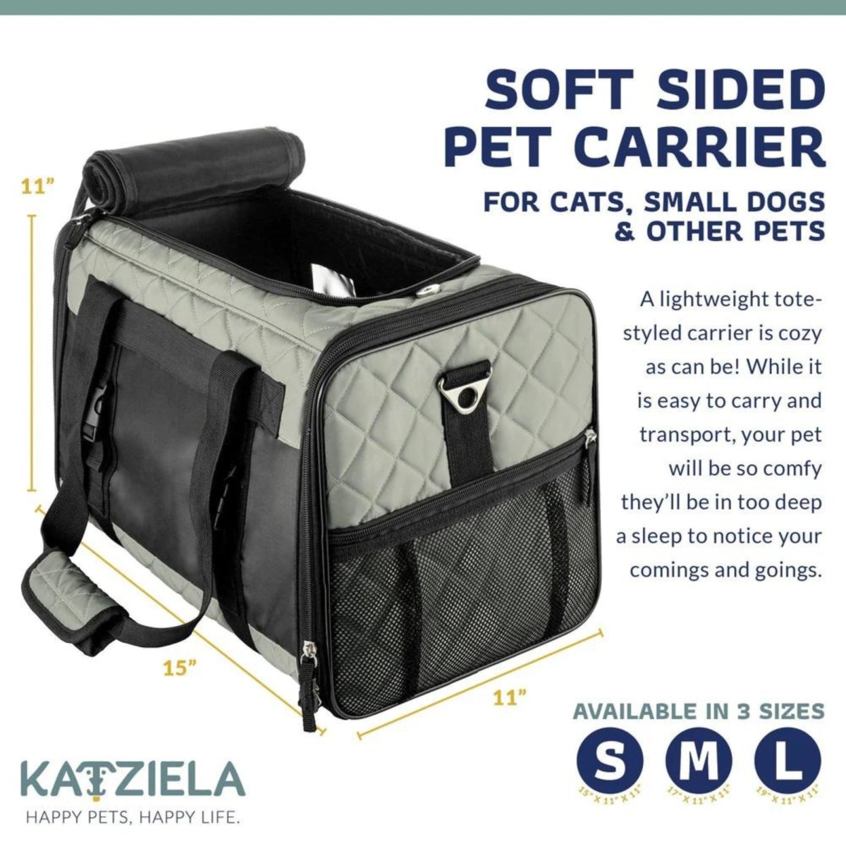 Katziela Quilted Companion Carrier Gray Large - Pets Perfect