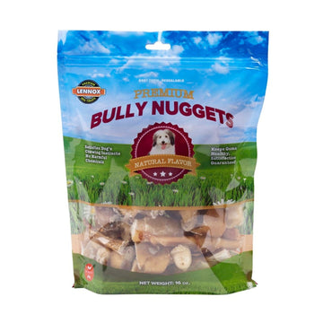 Resealable bag of bully nugget treats with a dog badge and grass background