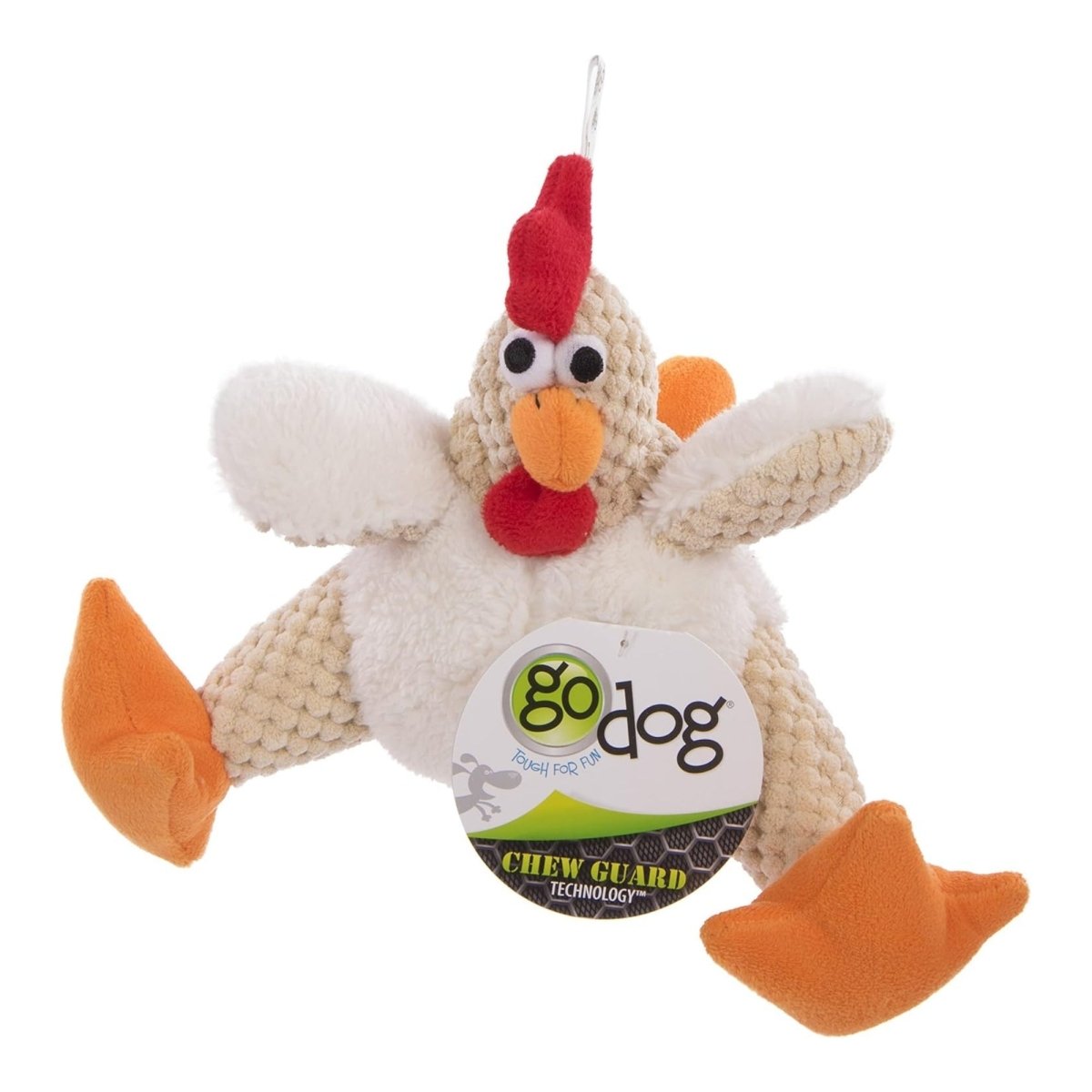 Godog Checkers Sitting Rooster Dog Toy White Small - Pets Perfect