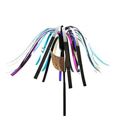 Wand cat toy with cascading multi-color metallic mylar ribbon strands