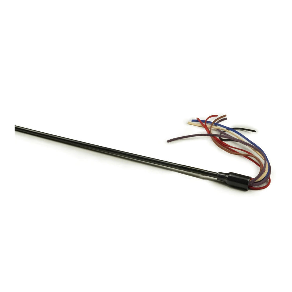 Black wand cat toy with multi-color suede tassel strands at the tip