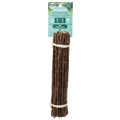 A bundle of brown apple sticks tied with twine, with a green and white Oxbow brand tag at the top.