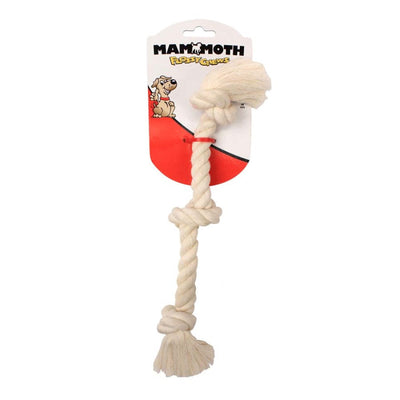 White cotton three-knot rope tug toy on Mammoth Flossy Chews hang tag