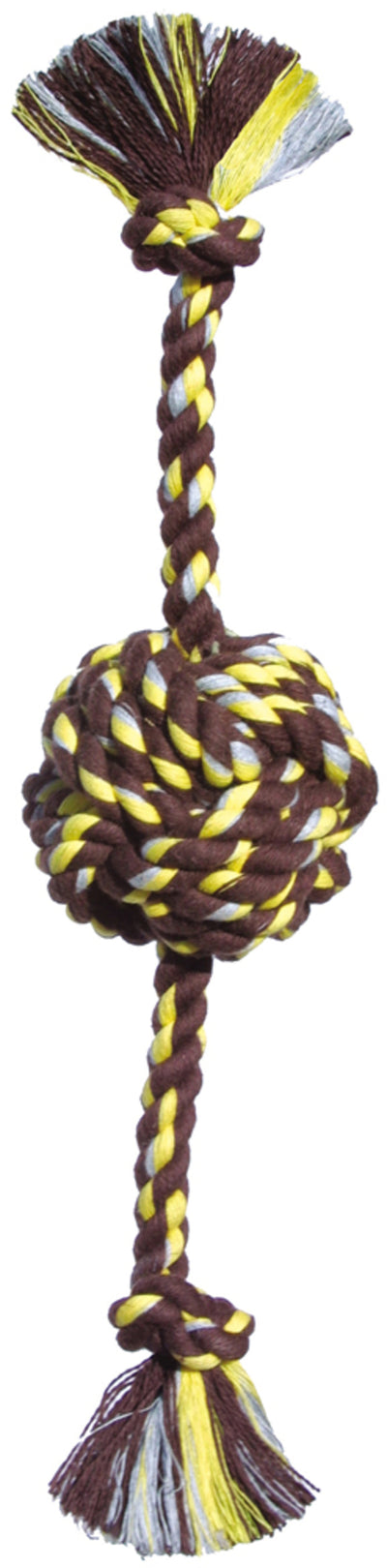 Braided rope ball toy with frayed tassel ends, brown and yellow