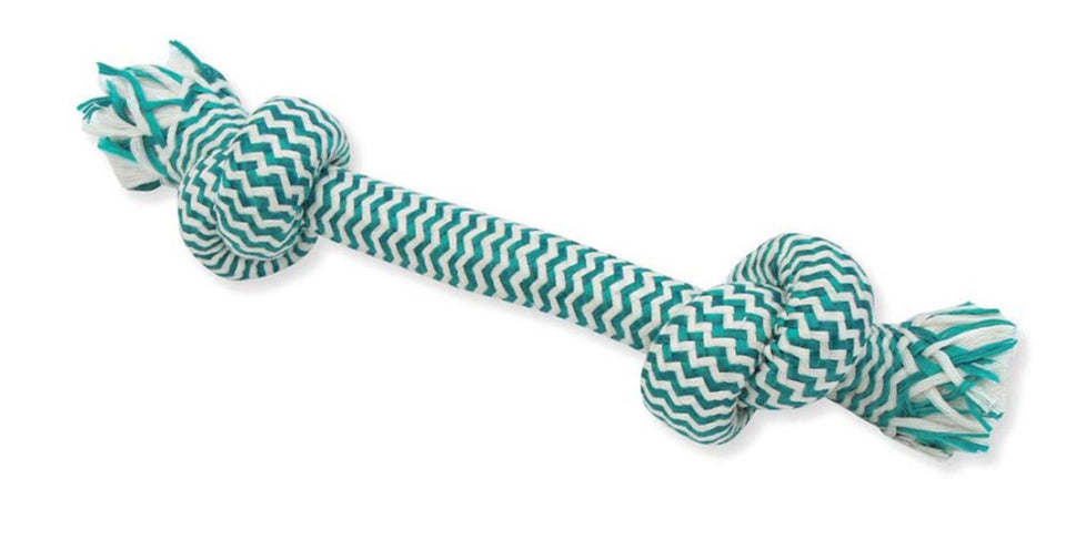 Teal and white patterned rope toy shaped like a bone with two knots