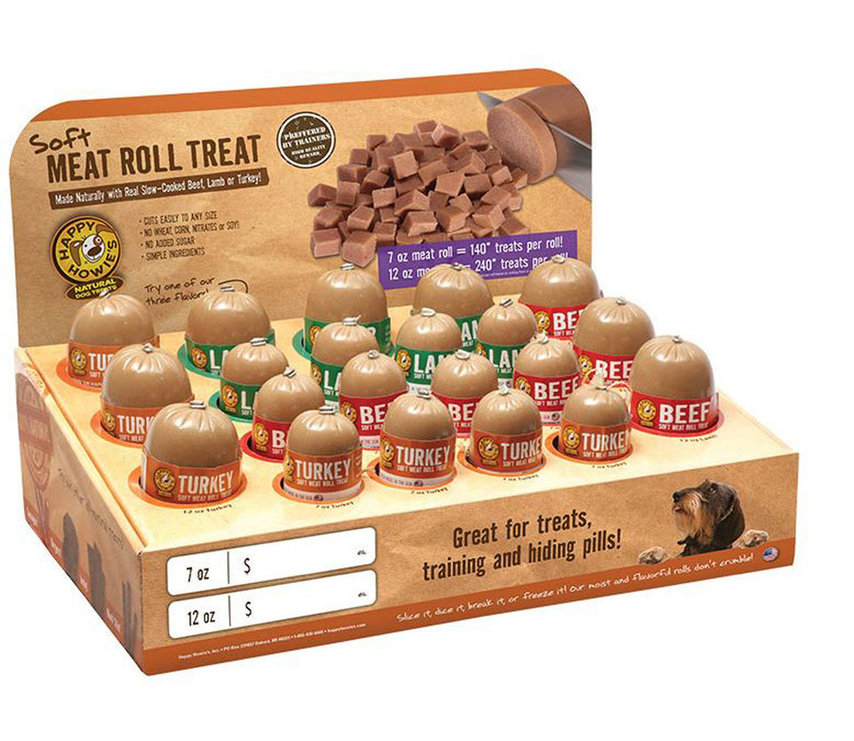 Open countertop display case holding rows of dome-shaped meat roll canisters