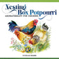 Nesting Box Potpourri packaging with colorful rooster and hens amid flowers promoting aromatherapy for chickens.