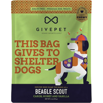 Green treat pouch with beagle dressed as scout with badges for Beagle Scout carob honey vanilla