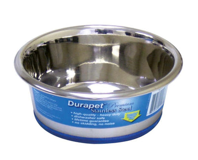 Durapet Premium Stainless Steel Dog Bowl with blue non-skid base, angled view.