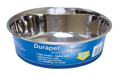 Silver stainless steel dog bowl with a blue label showing "Durapet Premium Stainless Steel" and features.