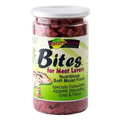 Clear jar filled with reddish soft-moist Bites cubes, lizard shown on label