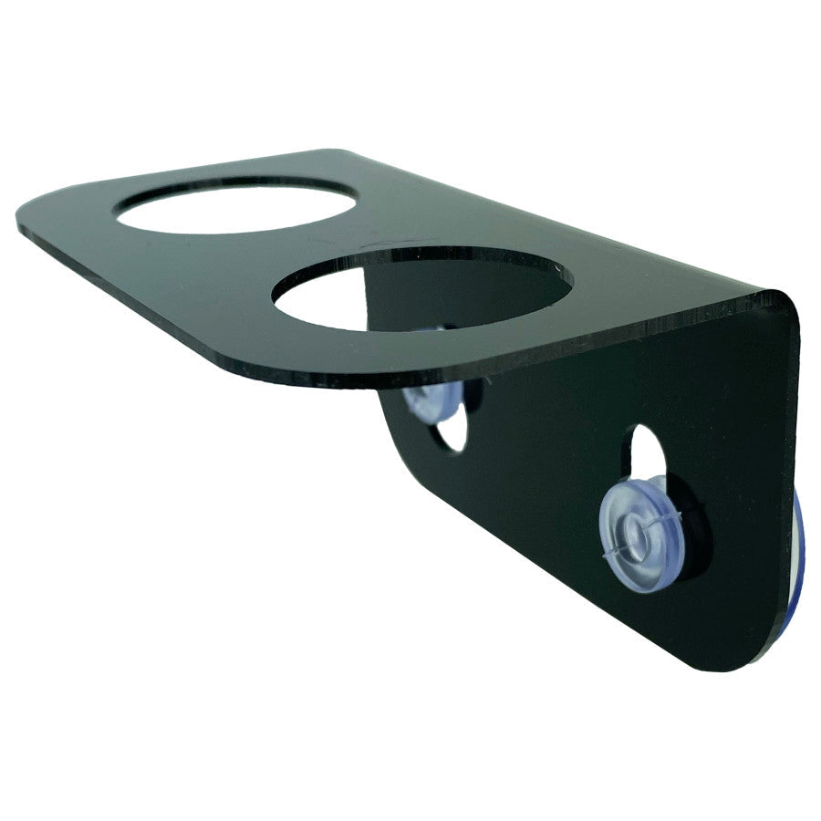 Black plastic twin pot holder with suction cups shown empty at an angle