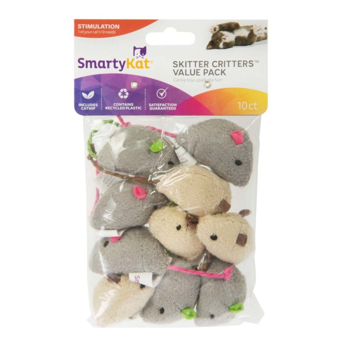 SmartyKat Skitter Critters Mice Catnip Toy Grey, Tan, 1ea/10 ct, Value pk - Pets Perfect