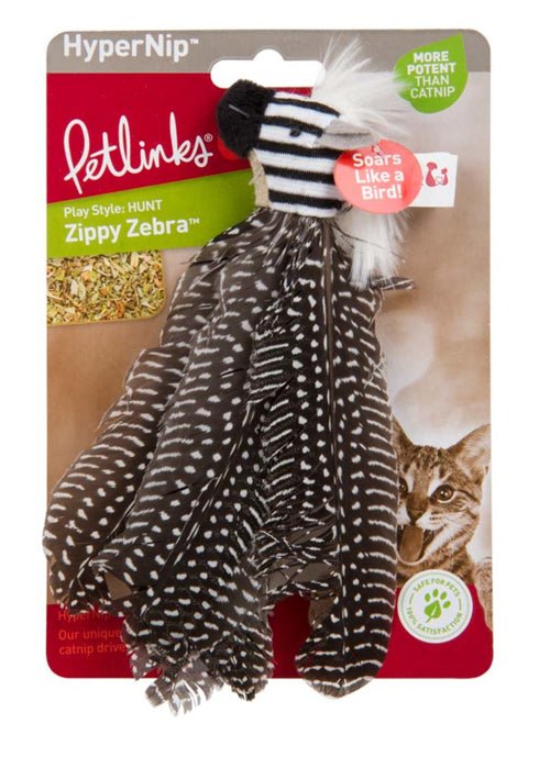 Petlinks Safari HappyNip Zippy Zebra Feathers Catnip Toy Black/White 1ea/MD - Pets Perfect