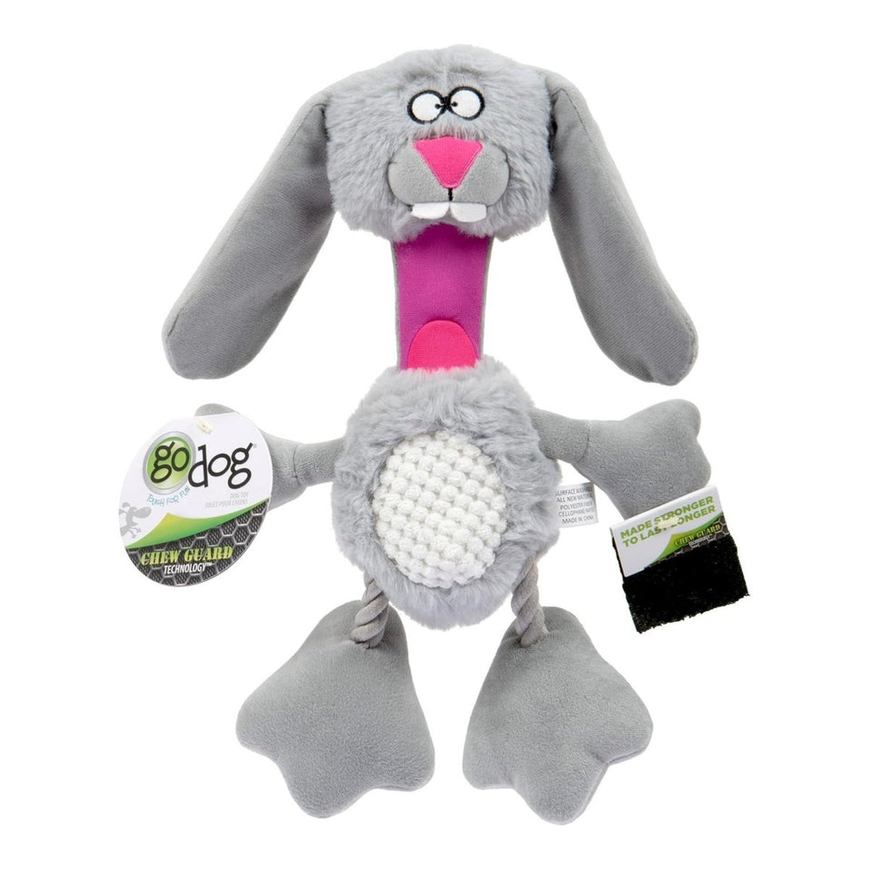 GoDog Crazy Tugs Rabbit Squeaky Plush Dog Toy - Grey, Small