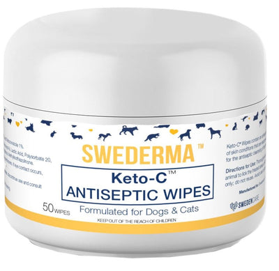 White tub of Swederma Keto-C Antiseptic Wipes for dogs and cats, 50 count, with a yellow and blue label.