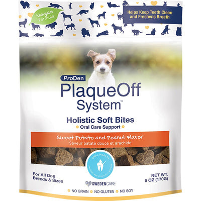 White bag of ProDen PlaqueOff System Holistic Soft Bites with a puppy, showing product flavor, weight, and benefits.
