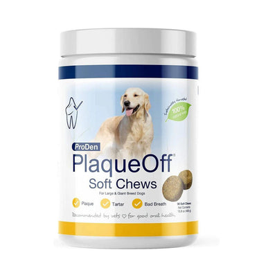 White tub of ProDen PlaqueOff Soft Chews for dogs, featuring a golden retriever and two chews.
