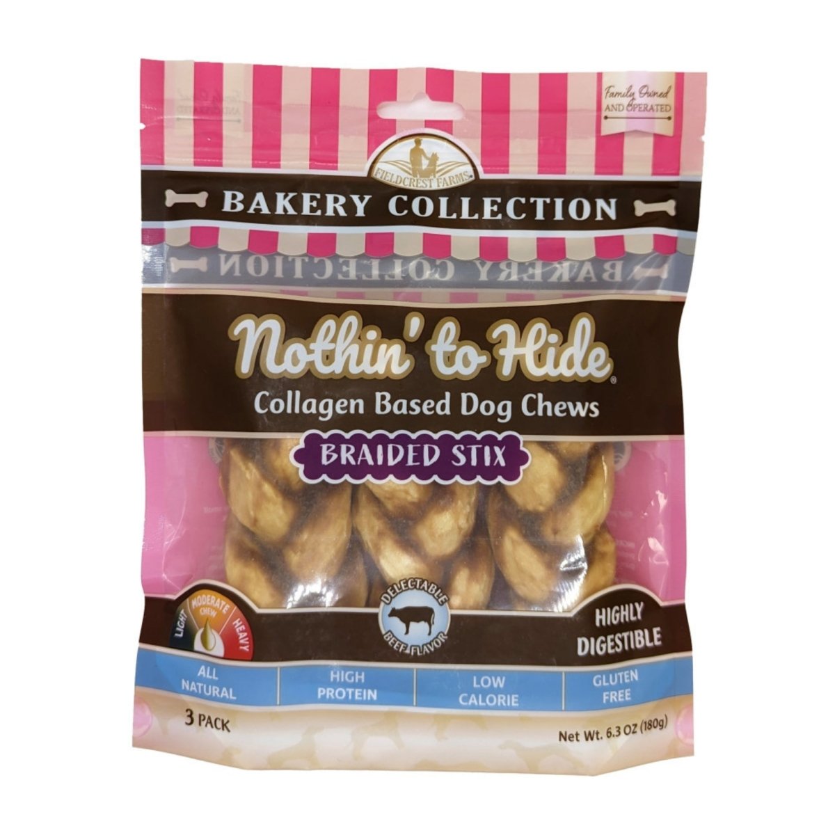 Fieldcrest Farms Nothin' To Hide Bakery Collection Dog Treat Braided Stix, Beef, 1ea/5.5 in, 3 pk - Pets Perfect