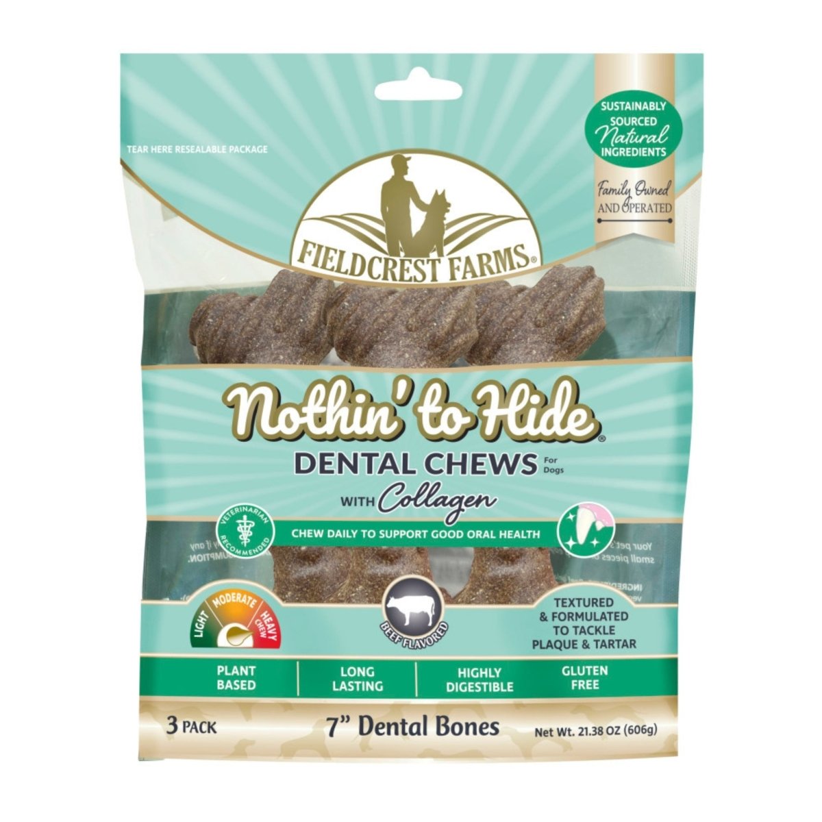 Fieldcrest Farms Nothin' to Hide Dental Bone Collagen Dog Chew Beef, 1ea/7 in, 3 pk - Pets Perfect