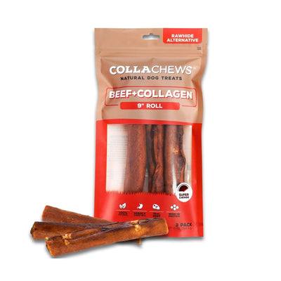 Collachews - Long-Lasting 9" Beef Collagen Dog Chew Roll, 3 ct