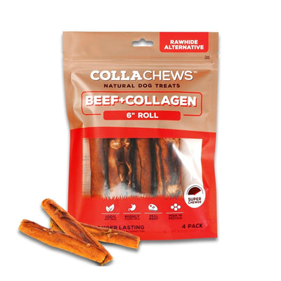 Collachews - Long-Lasting 6" Beef Collagen Dog Chew Roll, 4 ct