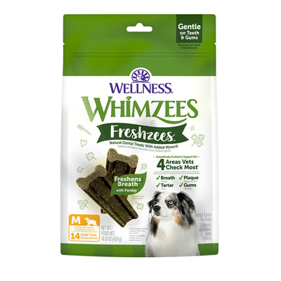 Green and white bag of Whimzees Freshzees dental treats for dogs, showing two dark green bone-shaped treats and a dog.