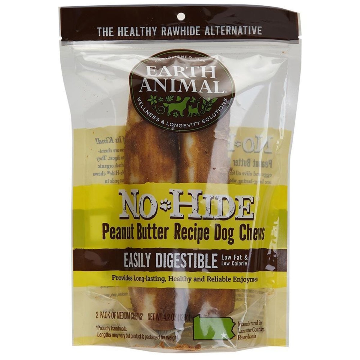 Earth Animal No - Hide 11" Peanut Butter Chew – Rawhide - Free | 2 - Pack - Pets Perfect