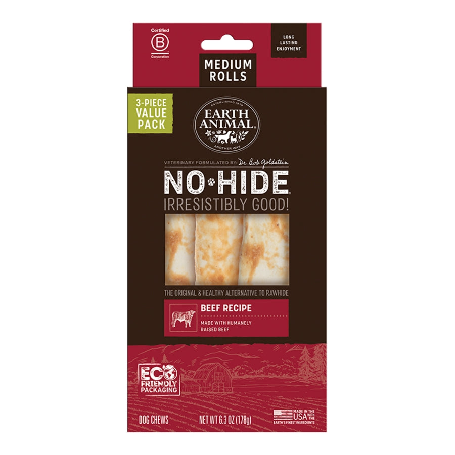 Earth Animal Dog No-Hide Beef Rolls Medium Value 3 ct