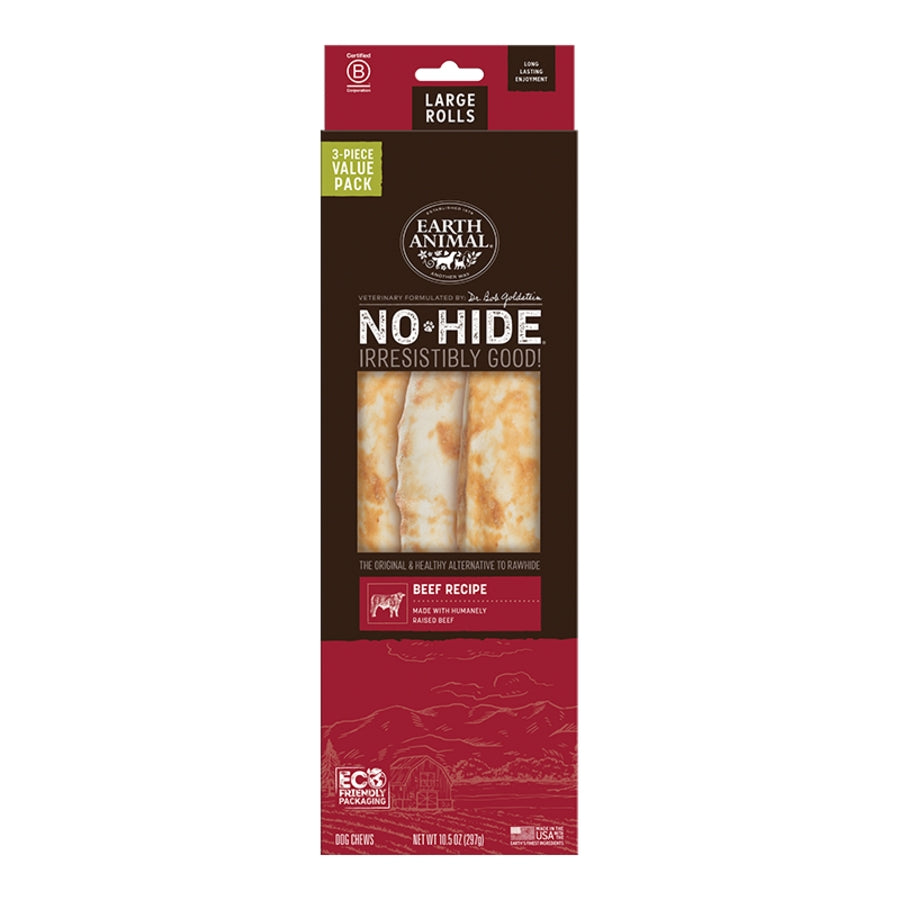Earth Animal No-Hide - Long-Lasting Beef Roll Large Dogs, 3 ct