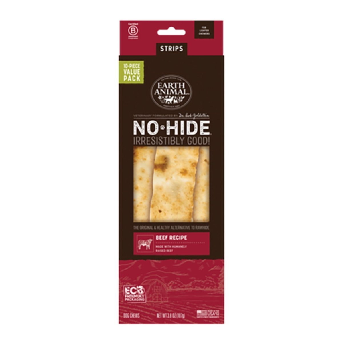 Earth Animal Dog No - Hide Original Collection Beef Strips Value Pack - 10 Pack - Pets Perfect