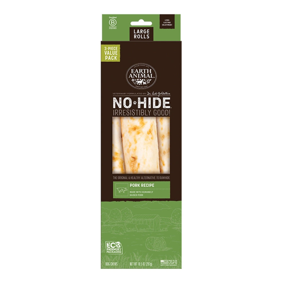 Earth Animal No-Hide - Long-Lasting Pork Roll Large Dogs, 3 ct