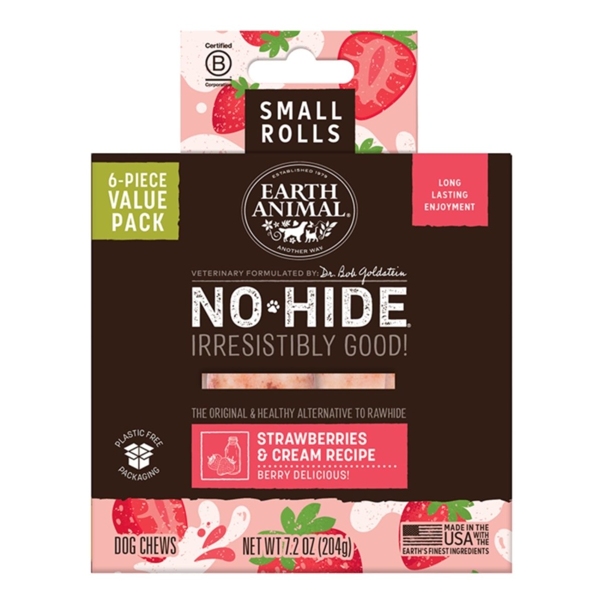 Earth Animal Dog No - Hide Original Collection Strawberries & Cream Rolls Small Value Pack - 6 Pack - Pets Perfect