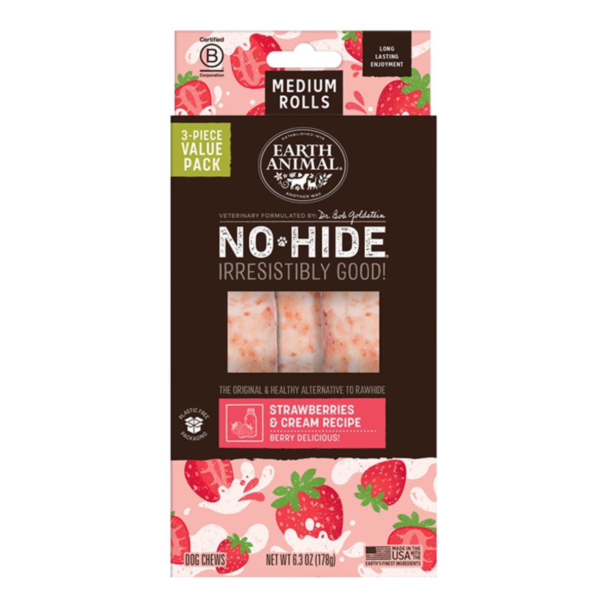 Earth Animal Dog No - Hide Original Collection Strawberries & Cream Rolls Medium Value Pack - 3 Pack - Pets Perfect