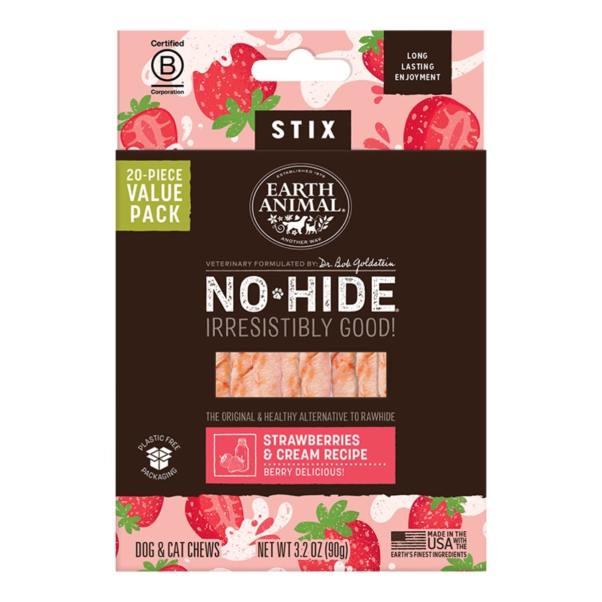 Earth Animal Dog No - Hide Original Collection Strawberries & Cream Stix Value Pack - 20 Pack - Pets Perfect