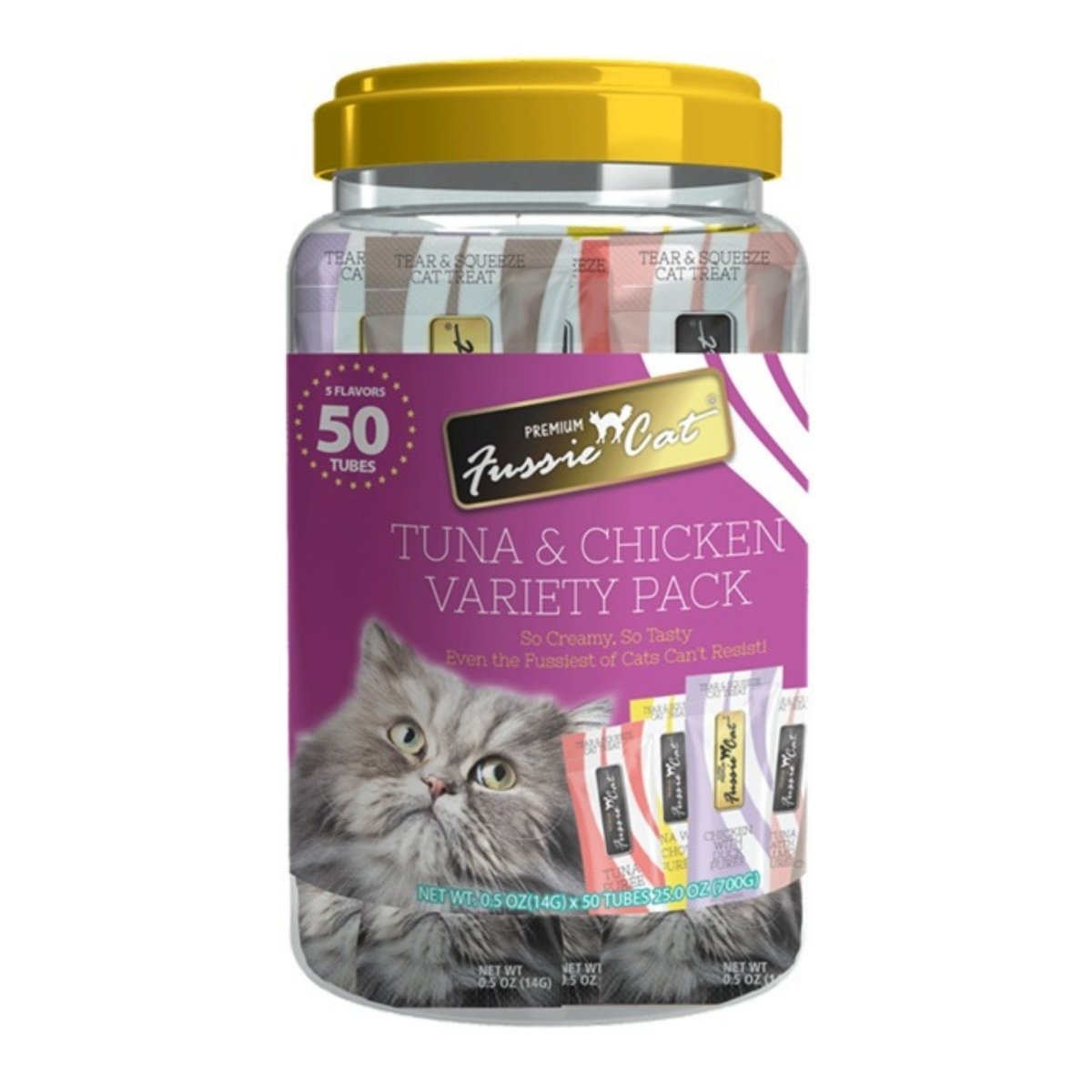 Fussie Cat Puree .5oz. Tuna Chicken Variety Pack 50Ct Purple Jar - Pets Perfect