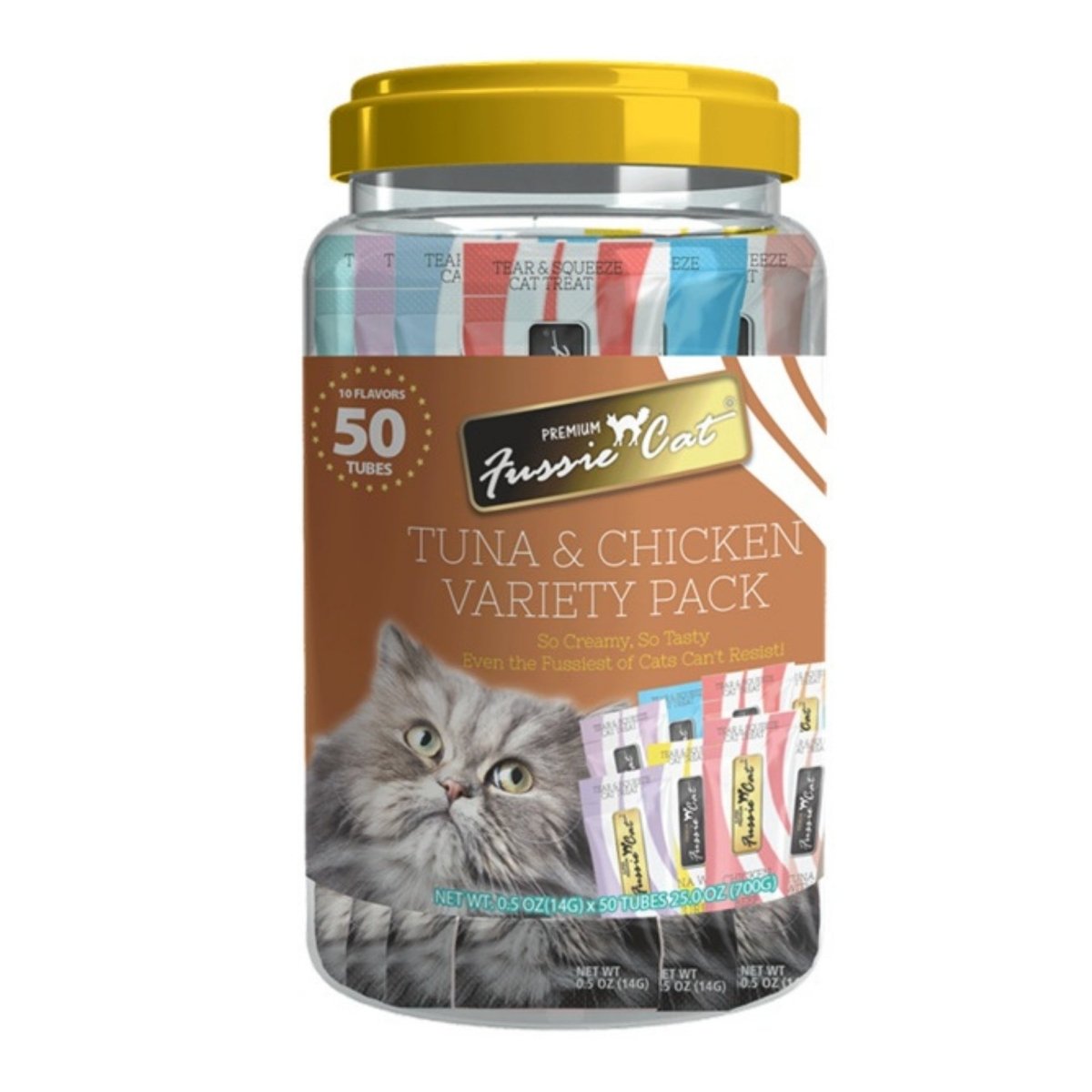 Fussie Cat Puree .5oz. Tuna Chicken Variety Pack 50Ct Tan Jar - Pets Perfect