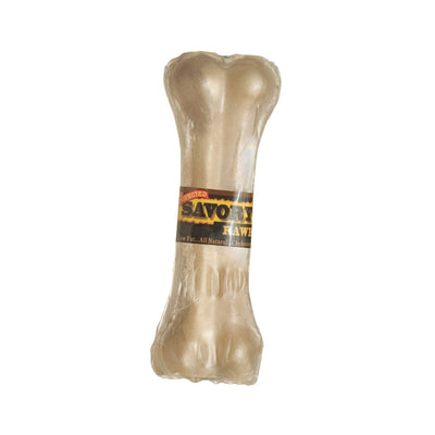 A single, light brown, bone-shaped dog chew, labeled "Savory Rawhide," is visible in clear plastic packaging.
