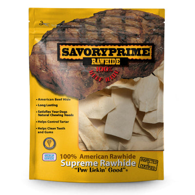Yellow pouch of Savory Prime Supreme Rawhide Chips, with a large beef image and a pile of light-colored chips visible.